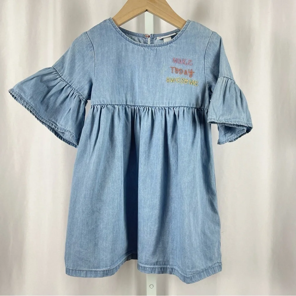 Cat & Jack 4T Embroidered Flutter Ruffle Sleeve Denim Chambray Cottagecore Dress
